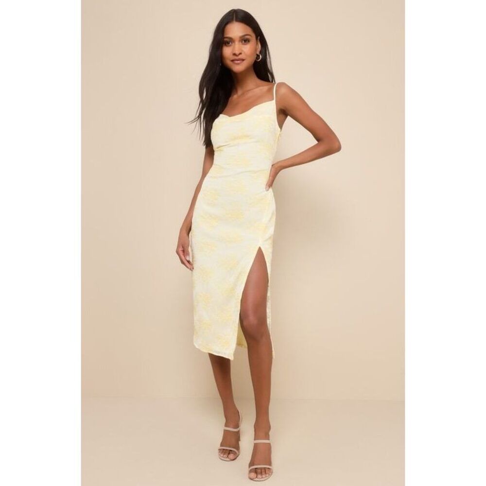 Lulus Lovely Existence Light Yellow Embroidered Cowl Neck Midi Dress - Size M
